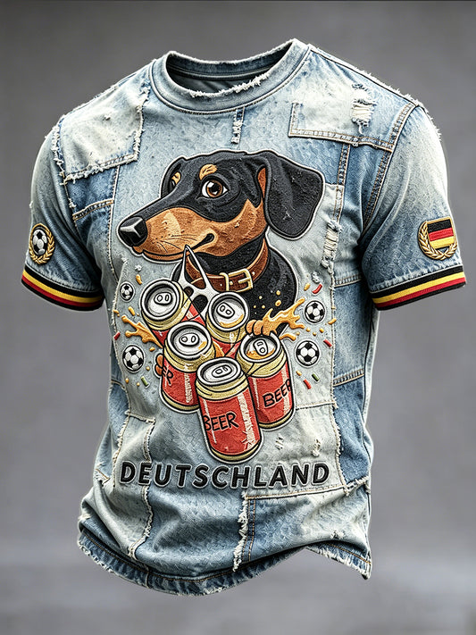 Herren Retro Denim Patchwork Deutsche Wurst Hund Print Freizeit T-Shirt