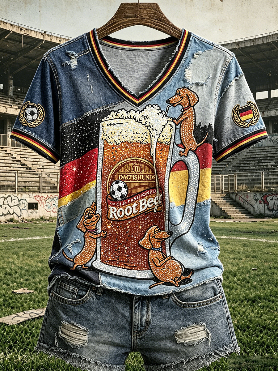 Damen deutscher Dackel Fußball Bier Patchwork Print Freizeit T-Shirt mit V-Ausschnitt