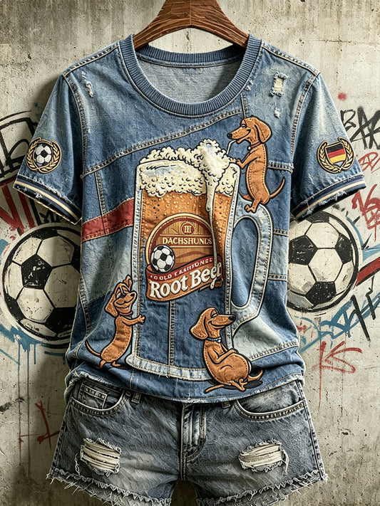 Damen Deutsches Welpen-Fußball-Bier Retro Denim Patchwork-Print Freizeit-T-Shirt
