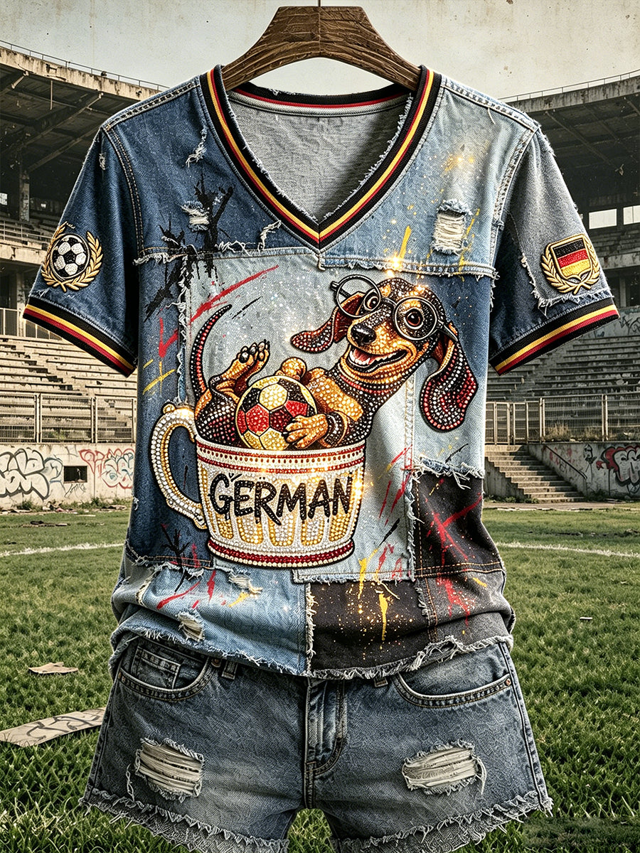 Damen Deutscher Welpen Fußball Retro Denim Patchwork Print Freizeit T-Shirt mit V-Ausschnitt