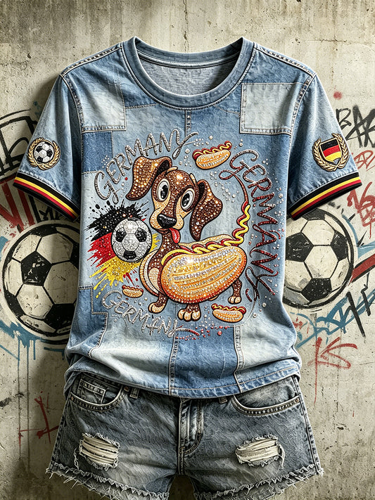 Damen deutscher Welpe Fußball Hot Dog Retro Denim Patchwork Print Casual T-Shirt