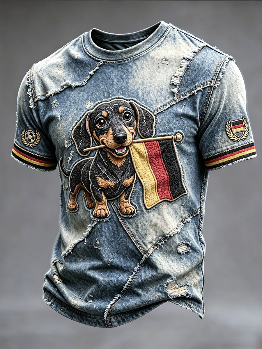 Herren Retro deutsche Flagge Fußball-Stil Denim-Look Patchwork Print Freizeit T-Shirt