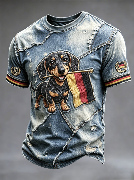Herren Retro deutsche Flagge Fußball-Stil Denim-Look Patchwork Print Freizeit T-Shirt