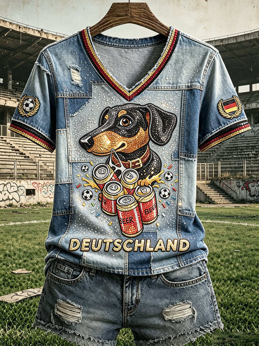 Damen deutscher Dackel Fußball Cowboy Patchwork Print Freizeit T-Shirt mit V-Ausschnitt