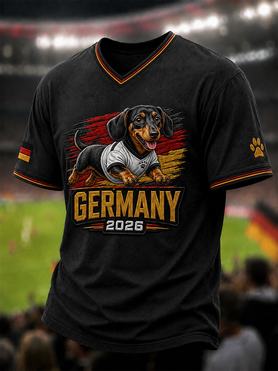 Herren-T-Shirt mit Dackel- und Fußball-Print sowie V-Ausschnitt