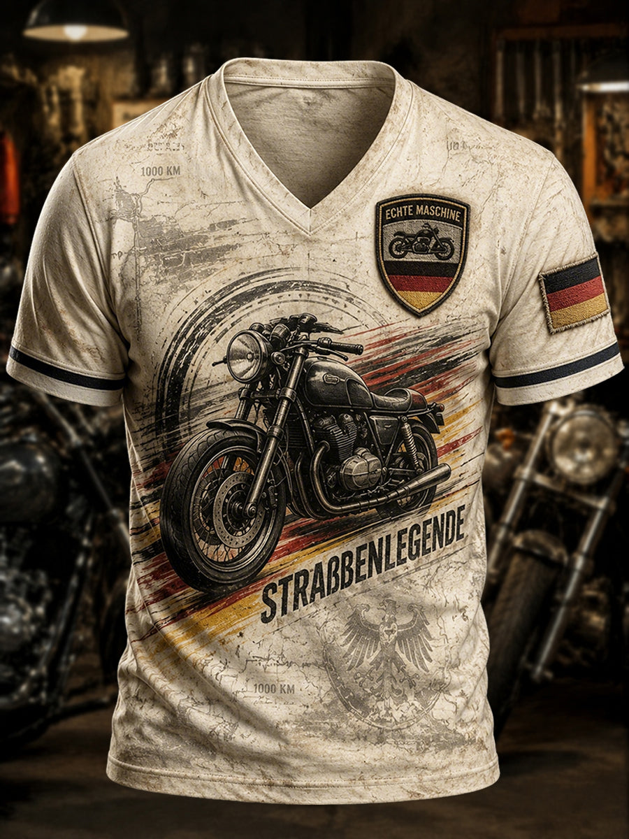 Herren Vintage Deutsches Motorrad Biker T-Shirt mit V-Ausschnitt