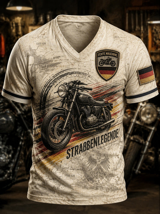 Herren Vintage Deutsches Motorrad Biker T-Shirt mit V-Ausschnitt