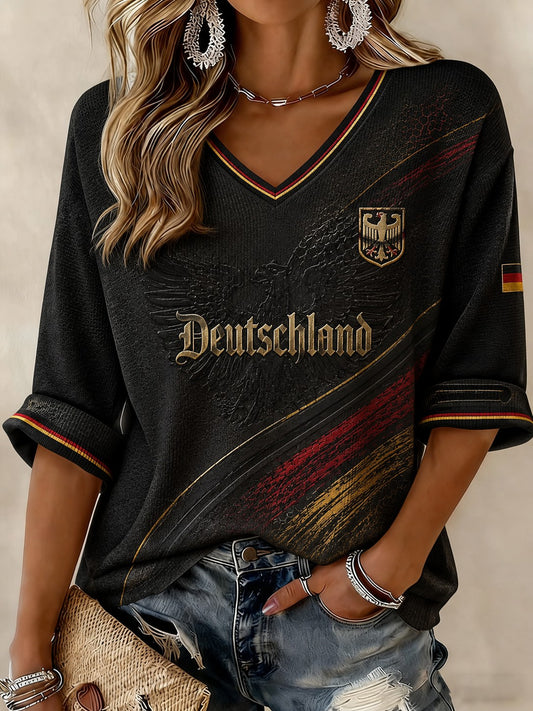 Damen-T-Shirt mit Deutschland-Fußballmotiv, mittellange Ärmel und V-Ausschnitt