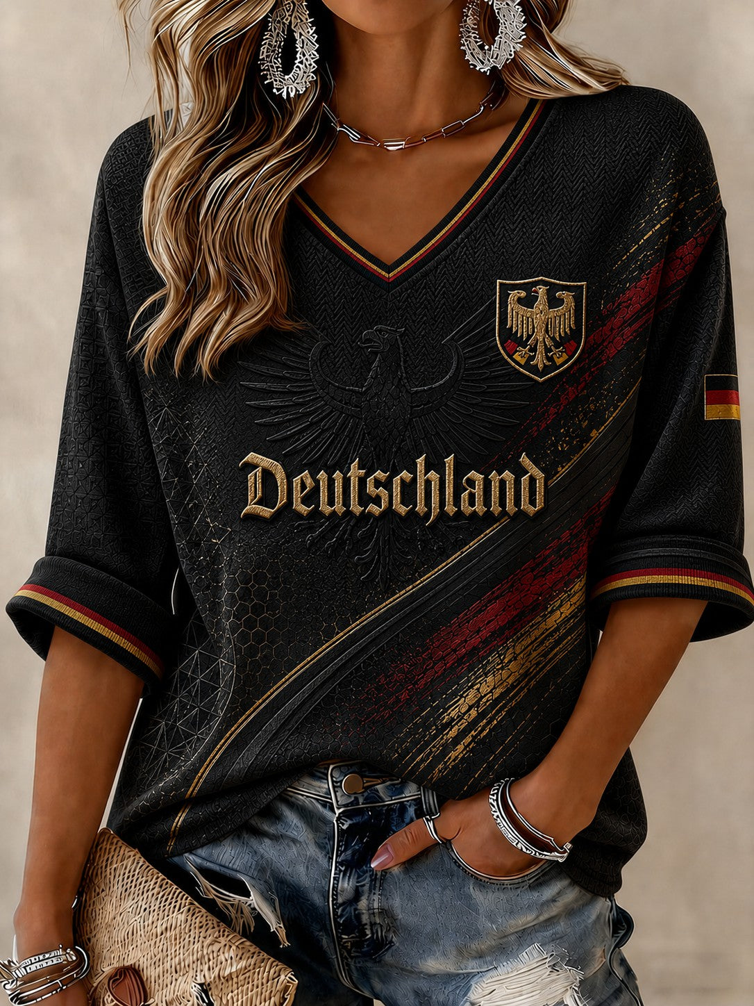 Damen-T-Shirt mit Deutschland-Fußballmotiv, mittellange Ärmel und V-Ausschnitt