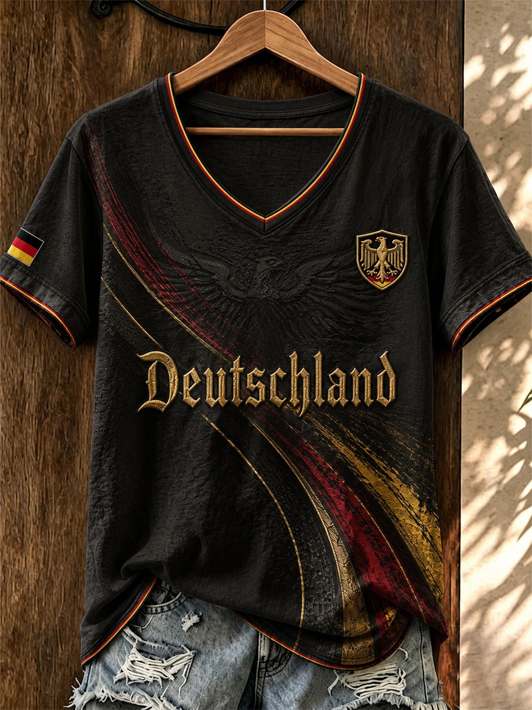 Damen-Fußball-T-Shirt aus Deutschland mit V-Ausschnitt und Aufdruck
