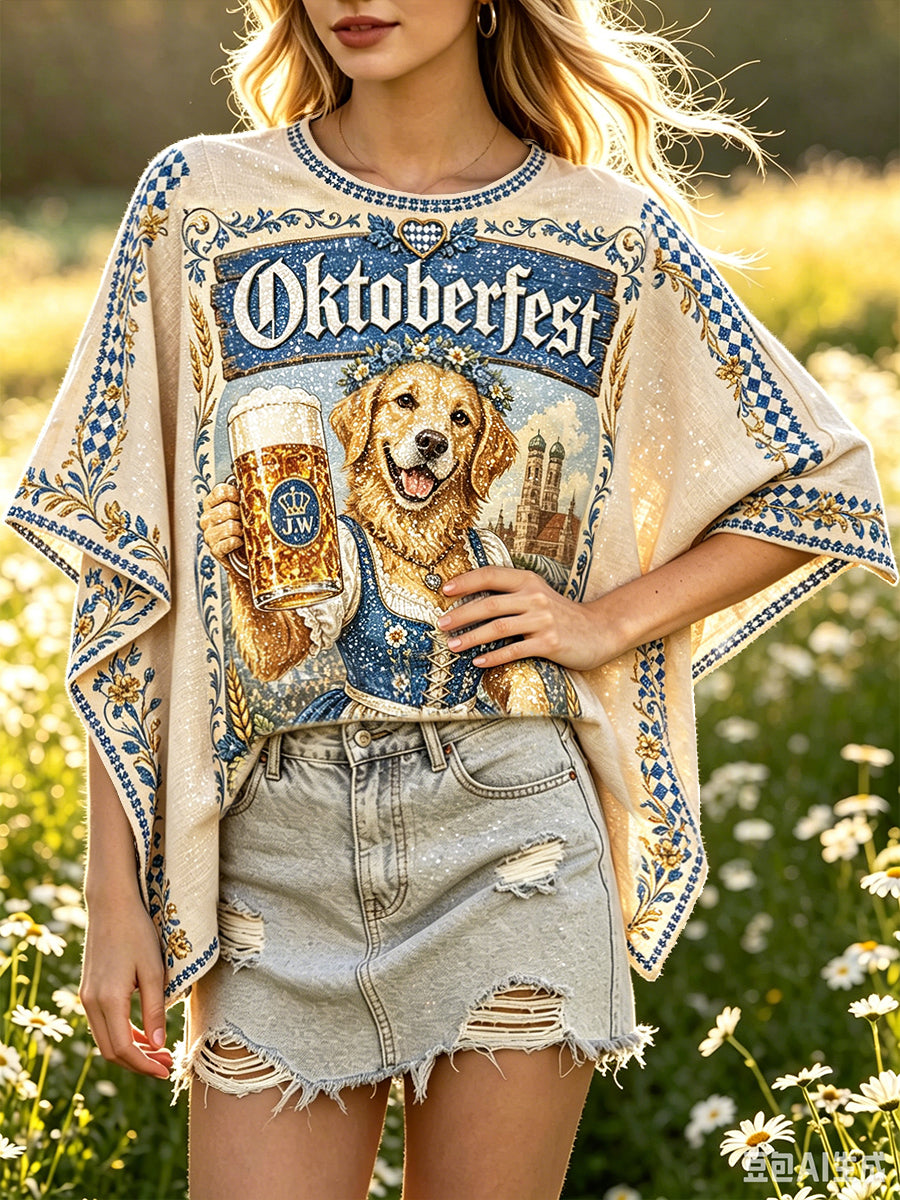 Damen-Deutsch-Bayerisches niedliches Hund-Bier-Print lässiges, weites T-Shirt