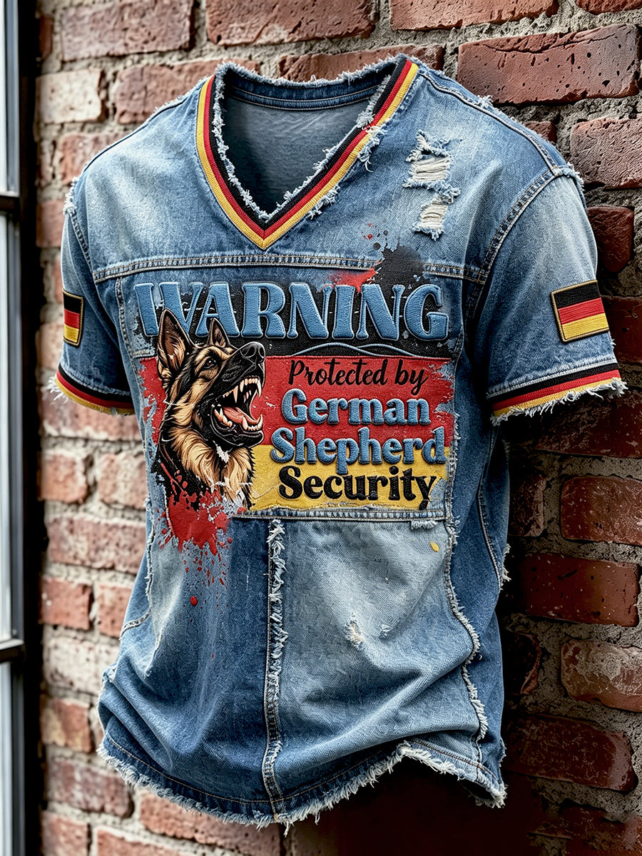 Herren Deutsche Flagge Deutscher Schäferhund Denim Patchwork Print Freizeit T-Shirt
