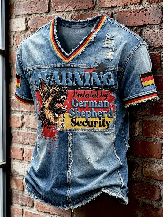 Herren Deutsche Flagge Deutscher Schäferhund Denim Patchwork Print Freizeit T-Shirt