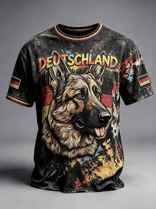 Herren schwarze deutsche Flagge Deutscher Schäferhund Graffiti Print Casual T-Shirt