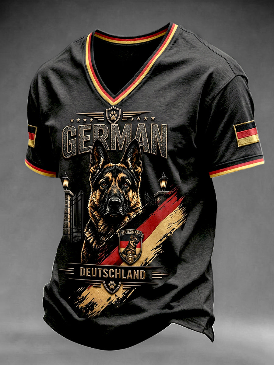 Herren deutsche Flagge Deutscher Schäferhund Print lässiges T-Shirt mit V-Ausschnitt