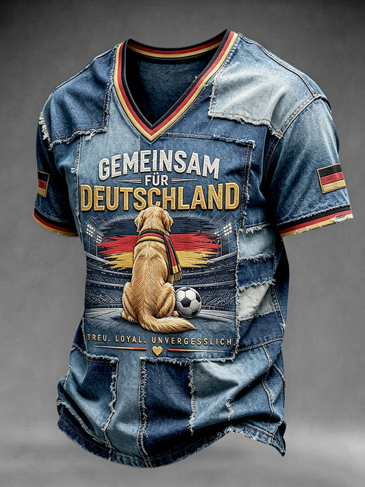 Herren-T-Shirt mit V-Ausschnitt und Kuh druck Patchwork, lässig
