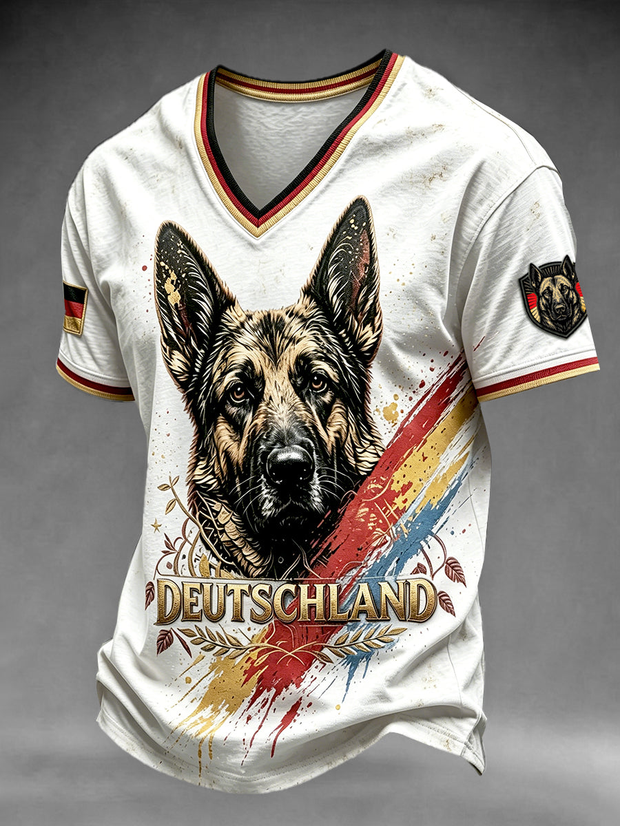 Männer weiße deutsche Flagge Deutscher Schäferhund Graffiti-Print Casual T-Shirt mit V-Ausschnitt