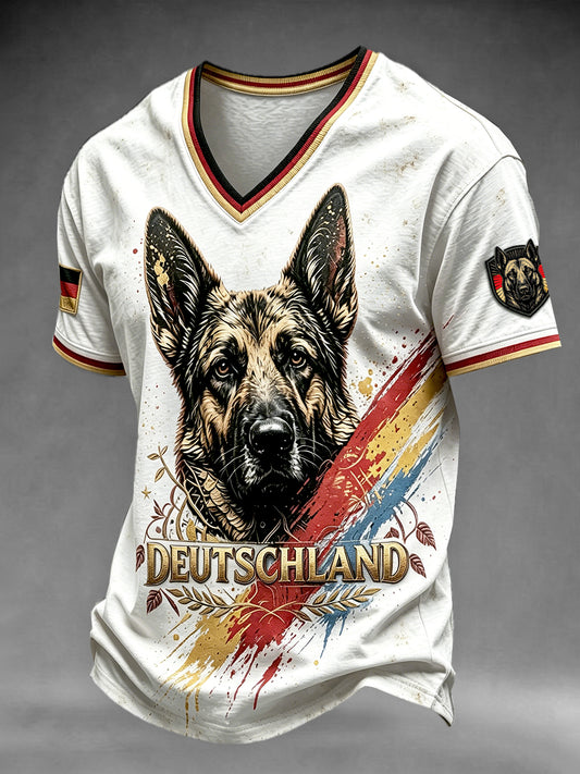 Männer weiße deutsche Flagge Deutscher Schäferhund Graffiti-Print Casual T-Shirt mit V-Ausschnitt