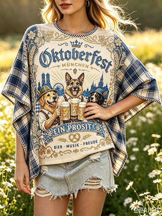 Damen-Deutsch-Bayerisches niedliches Hunde-Karo-Patchwork-Print lässiges, weit geschnittenes T-Shirt
