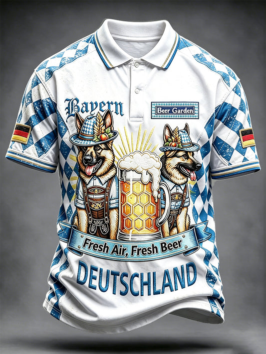 Herren-Bavarian-Dog-Bier-Patchwork-Print Freizeit-Poloshirt