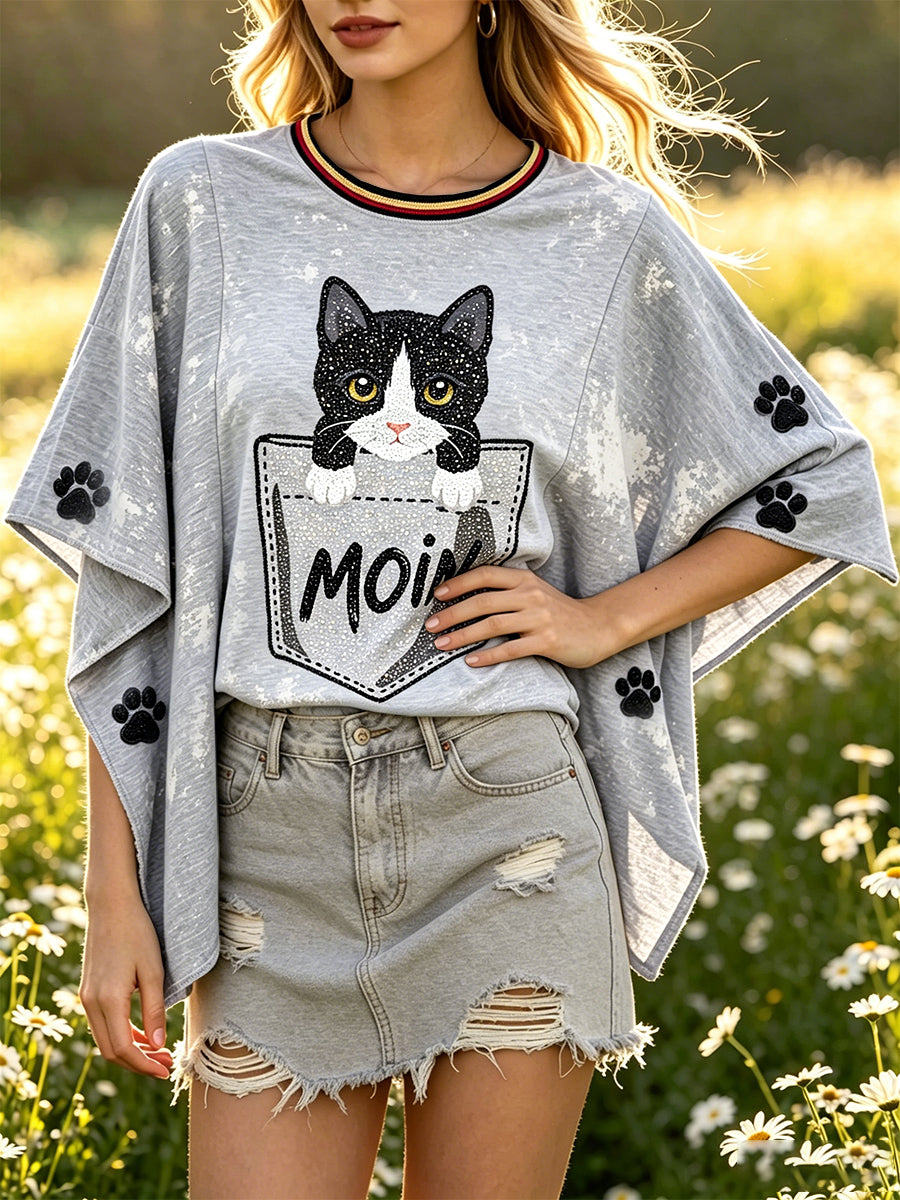 Damen-Graues Freizeit-T-Shirt im deutschen Stil mit niedlichem Katzen-Print, lockere Passform und Fledermausärmeln