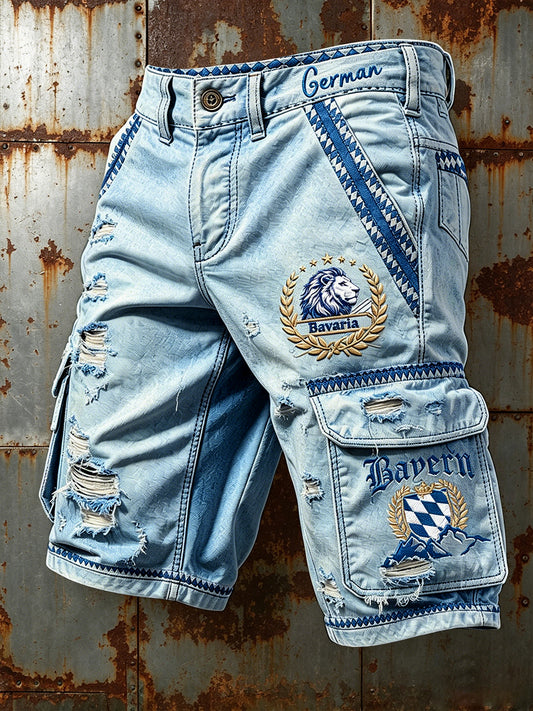 Herren-Shorts im deutschen bayerischen Löwen-Stil aus verwaschenem Denim mit lässigem Alltags- und Arbeitsprint