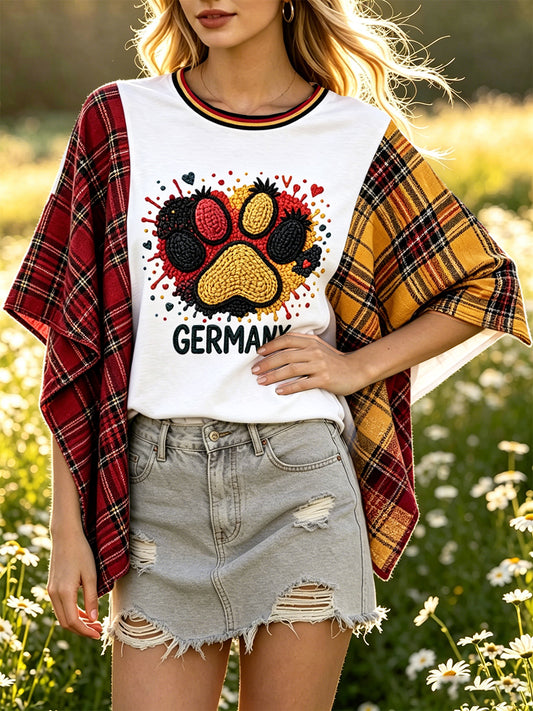 Damen-Retro-T-Shirt im deutschen Karo-Patchwork-Style, entspannte Passform mit Fledermausärmeln