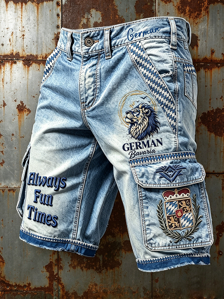 Herren-Vintage-Denim-Casual-Arbeitsshorts mit bayerischem Löwen-Print