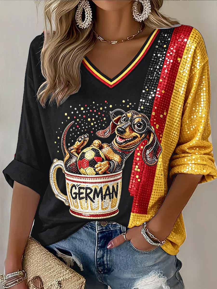 Damen niedliches deutsches Dackel-Fußball-Patchwork-Print-T-Shirt mit V-Ausschnitt