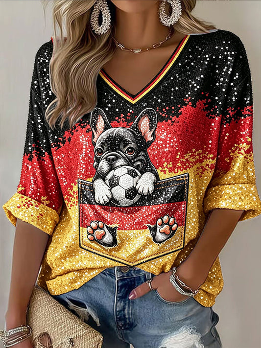 Frauen deutsche Flagge niedlicher Hund Fußball druck lässig T-Shirt mit V-Ausschnitt