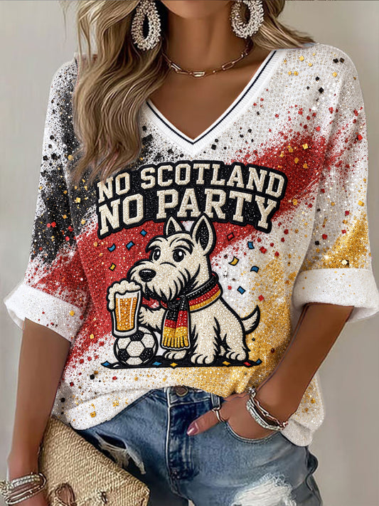 Damen-T-Shirt mit V-Ausschnitt, süßer Hund, Fußball druck