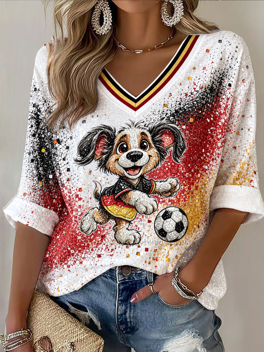 Frauen weiße deutsche Flagge niedlicher Hund Fußball druck Freizeit T-Shirt mit V-Ausschnitt