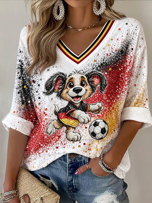 Frauen weiße deutsche Flagge niedlicher Hund Fußball druck Freizeit T-Shirt mit V-Ausschnitt