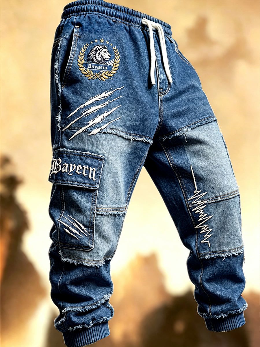 Herren Blau Bayerische Denim Patchwork Print Freizeit Sport hose