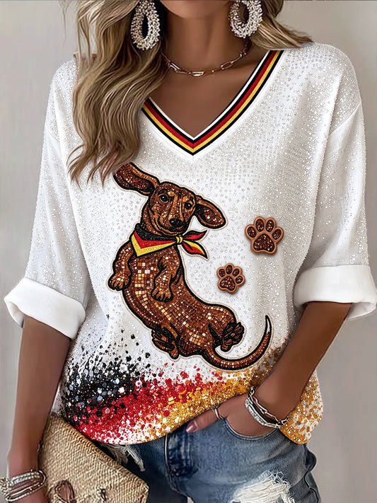 Damen-T-Shirt mit deutschem Kurzhaar-Pailletten druck mit lässiger V-Ausschnitt