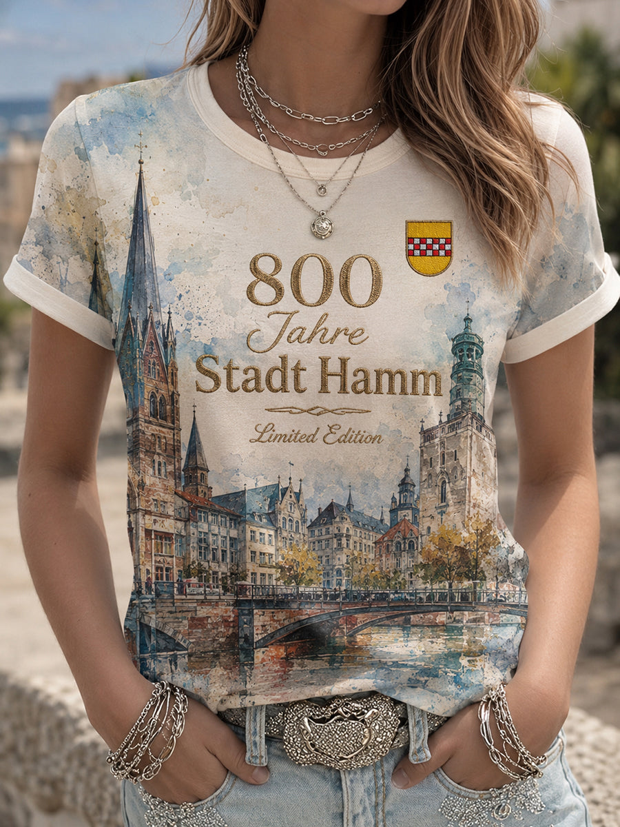 Damen-T-Shirt mit Aufdruck „800 Jahre Stadt Hamm seit 1226“