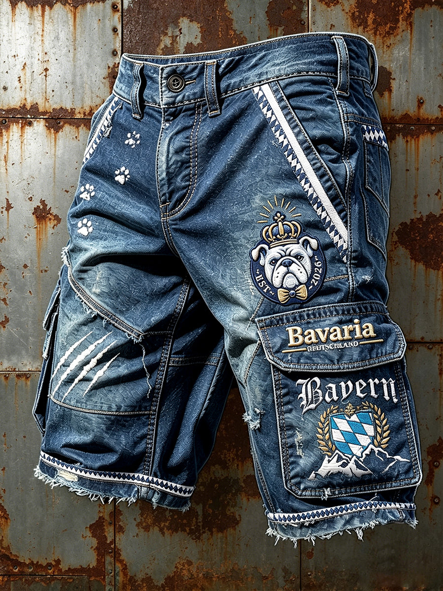 Herren Vintage Jeans Patchwork Deutsche Bayerische Bulldogge Print Freizeit arbeits shorts