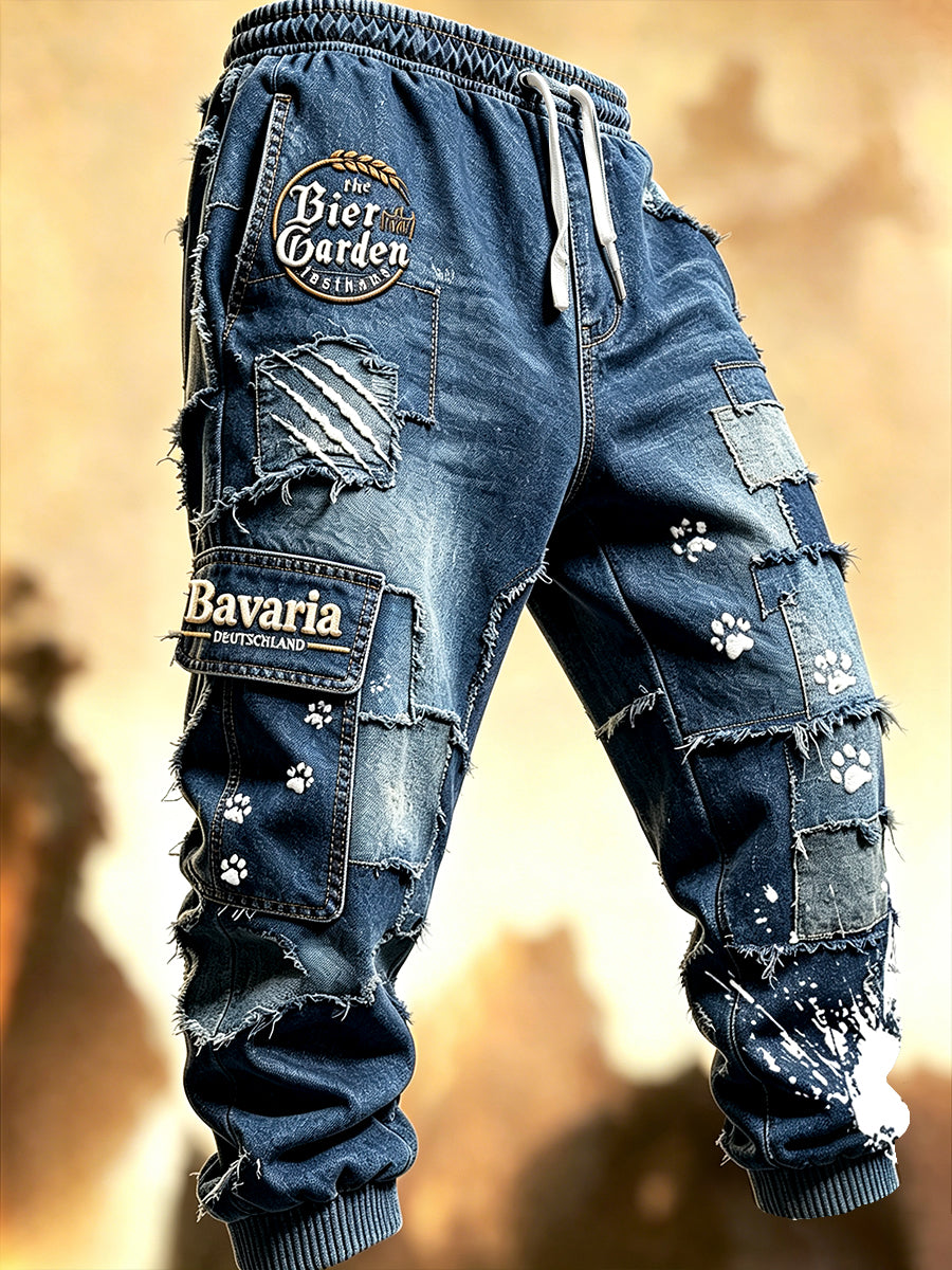 Herren Bayerische Vintage Jeans Patchwork Print Freizeit Sport hose