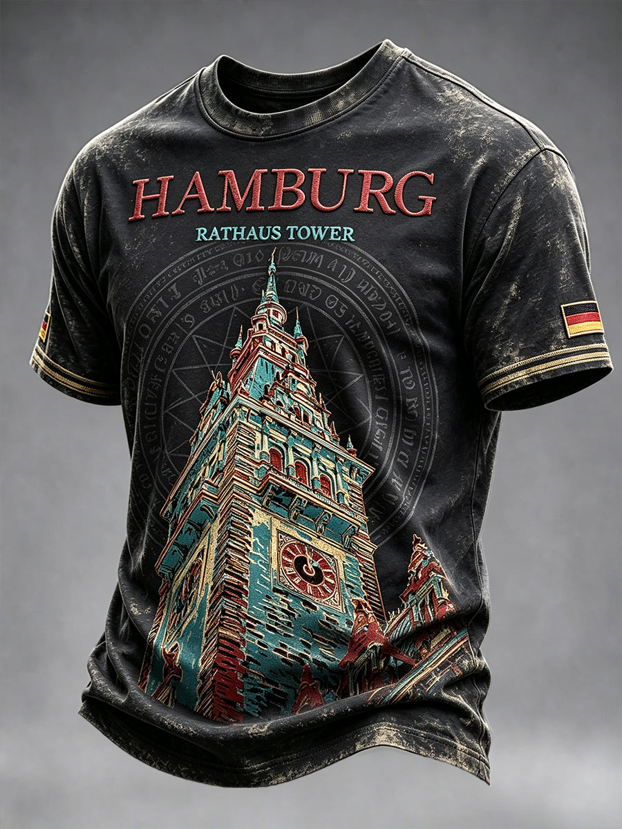 Herren Schwarz Vintage Hamburg-Bedrucktes lässiges T-Shirt