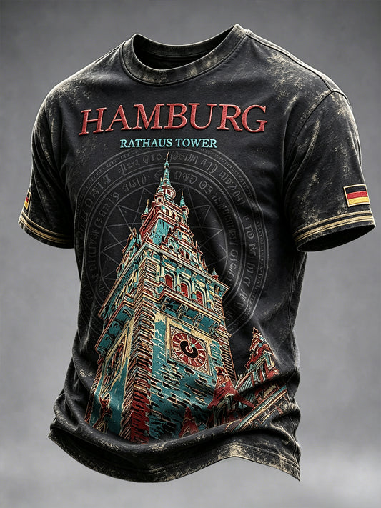 Herren Schwarz Vintage Hamburg-Bedrucktes lässiges T-Shirt