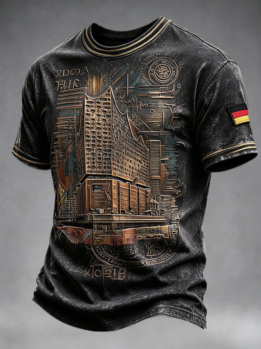 Herren Schwarz Deutsche Hamburg Architektur Retro Print Freizeit T-Shirt