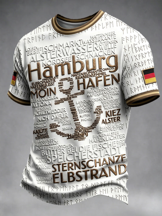 Herren Weiß Deutsch Hamburg Schriftzug Retro Print Freizeit T-Shirt