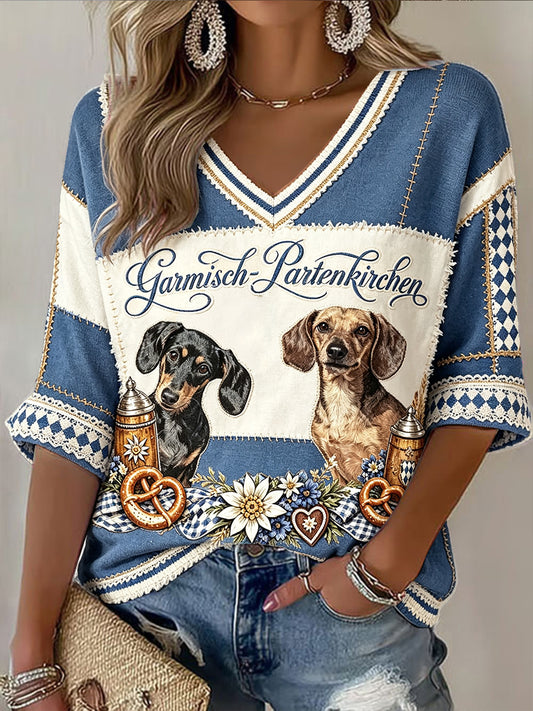 Damen Deutsches Oktoberfest-Hund Patchwork-Print lässiges T-Shirt mit V-Ausschnitt