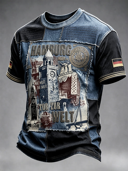 Herren Vintage Patchwork Deutsch Hamburg Architektur Print Casual T-Shirt
