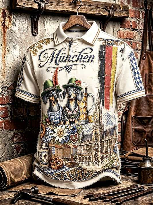 Herren Deutsch München Oktoberfest Hund-Print lässig Polo-Shirt