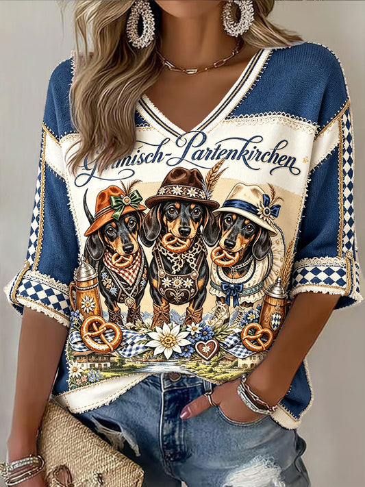 Frauen Deutsches Oktoberfest Bayerischer Hund Patchwork Print Freizeit T-Shirt mit V-Ausschnitt