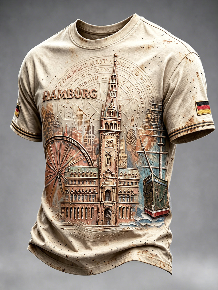 Herren Vintage Taupe Deutsch Hamburg Architektur druck Freizeit T-Shirt