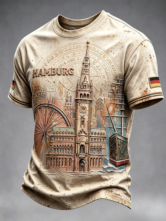 Herren Vintage Taupe Deutsch Hamburg Architektur druck Freizeit T-Shirt
