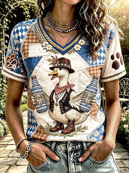 Damen-Oktoberfest-T-Shirt in lässigem Stil mit niedlichem Enten-Patchwork-Print und V-Ausschnitt