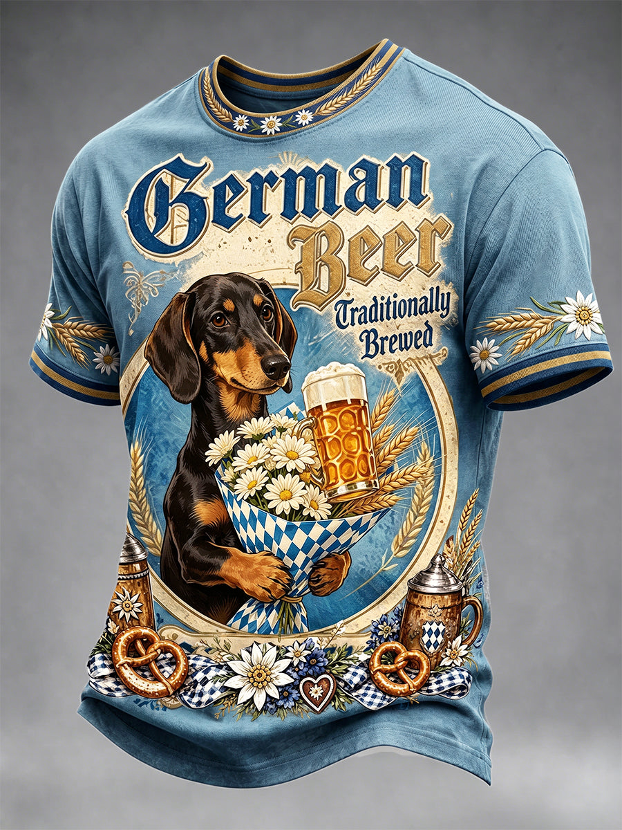 Herren-Oktoberfest-T-Shirt im deutschen Dackel-Stil, retroes Patchwork-Print, lässig